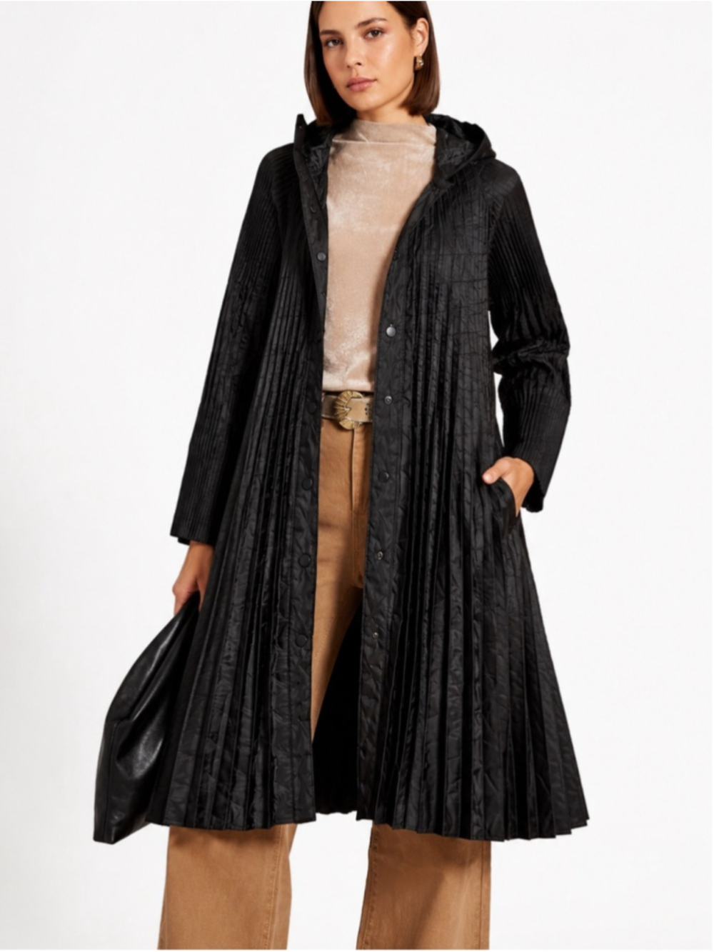 Pleated Hooded Swing Coat Black One Size - Picture 2 of 12